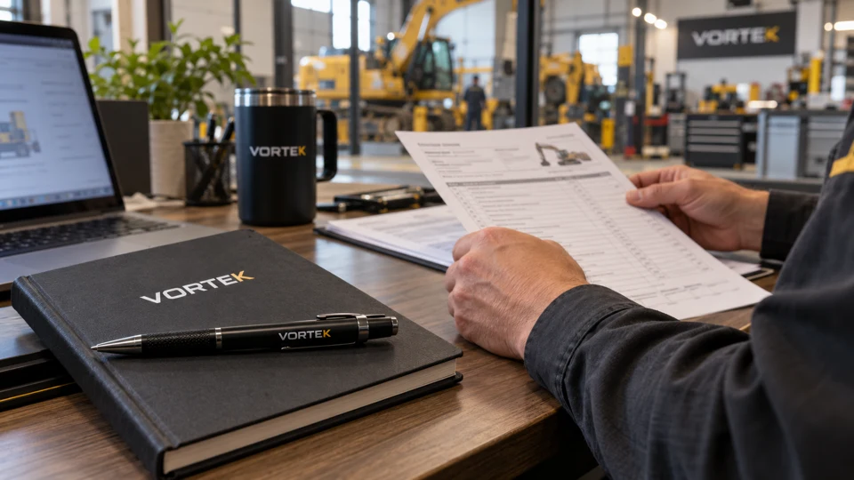 Composição publicitária de caderno e caneta Vortek no atendimento ao cliente